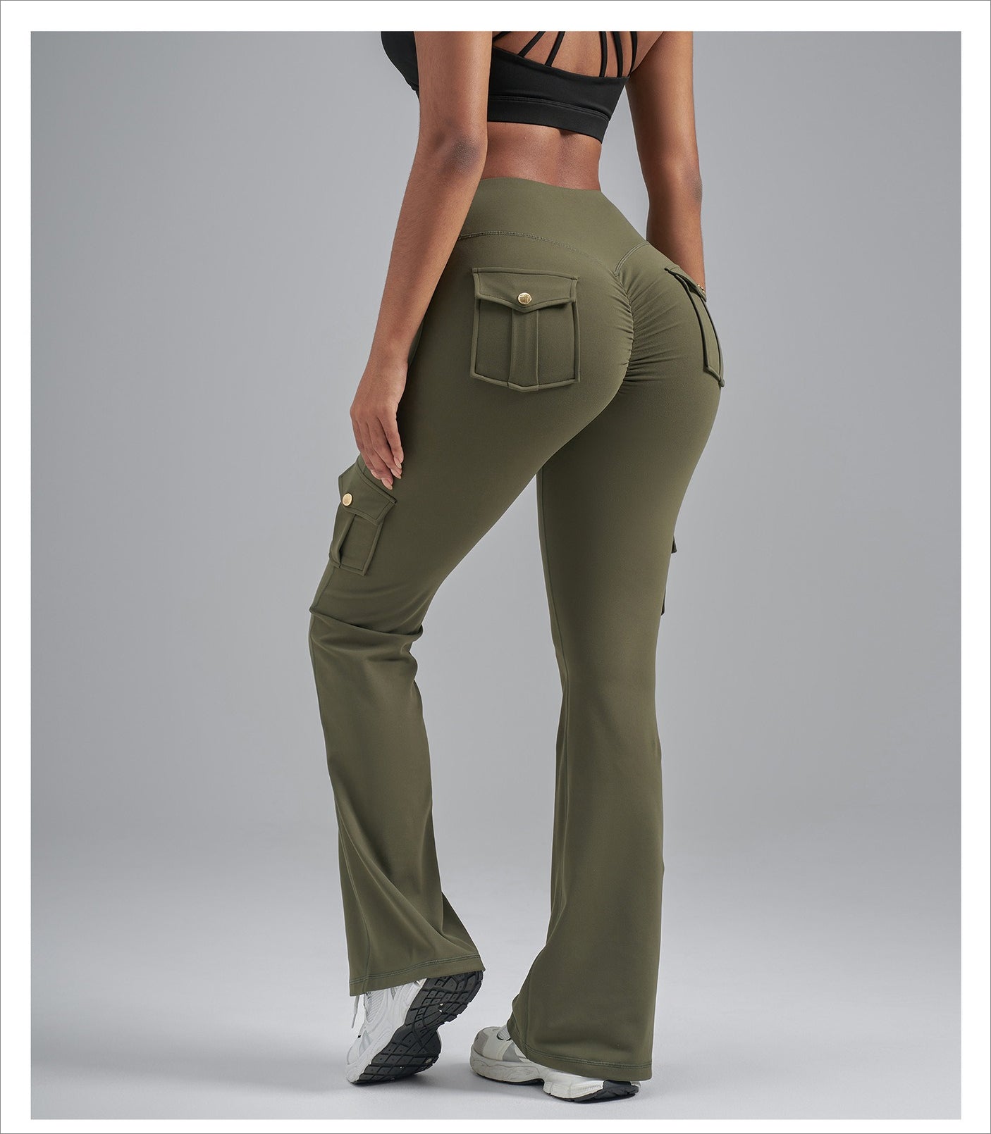 Single-Side Brushed Cargo Flare Yoga Pants, Breathable High Waist Butt Lifting Pocket Naked Feel Slim Fitness Leggings
