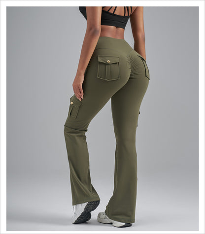 Single-Side Brushed Cargo Flare Yoga Pants, Breathable High Waist Butt Lifting Pocket Naked Feel Slim Fitness Leggings