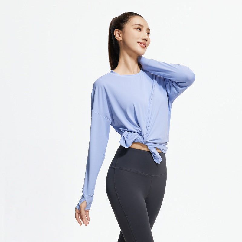New Split Hem Loose Long Sleeve Yoga Top for Women, Breathable Sports Shirt for Running, Training & Fitness