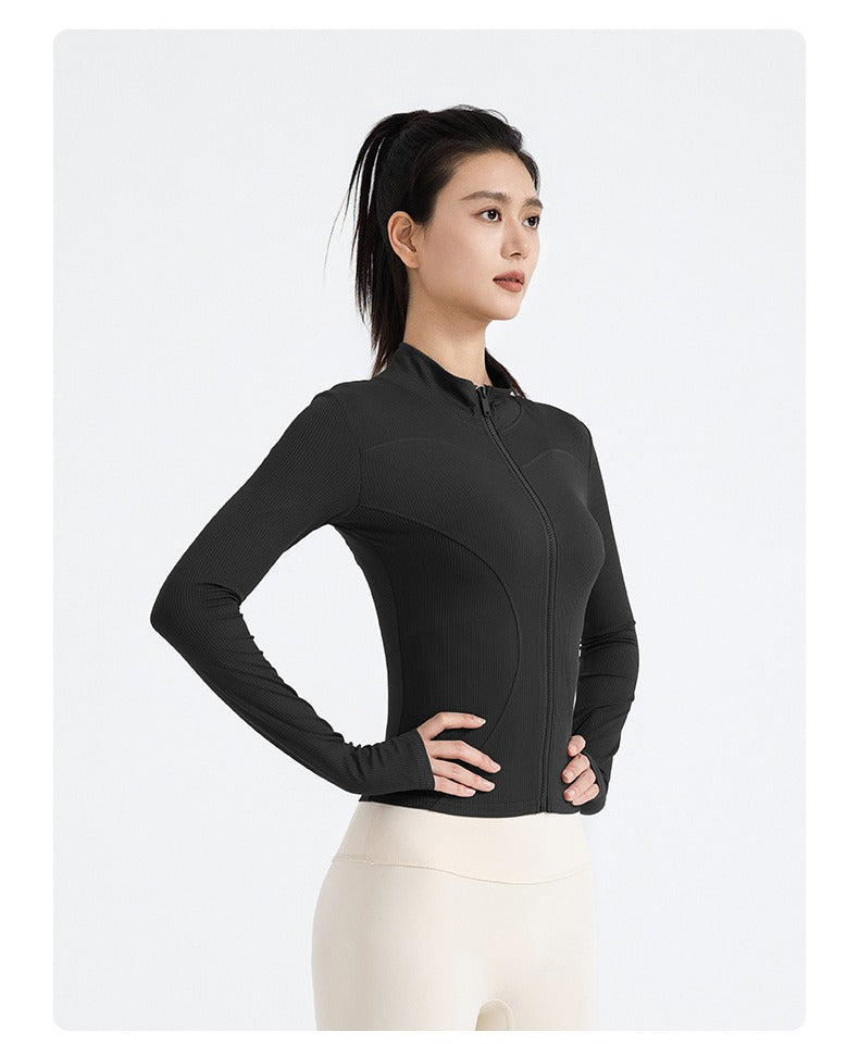 New Striped Yoga Jacket, Slim Fit Ribbed Long Sleeve, Lightweight Stretchy Sports Outerwear for Women