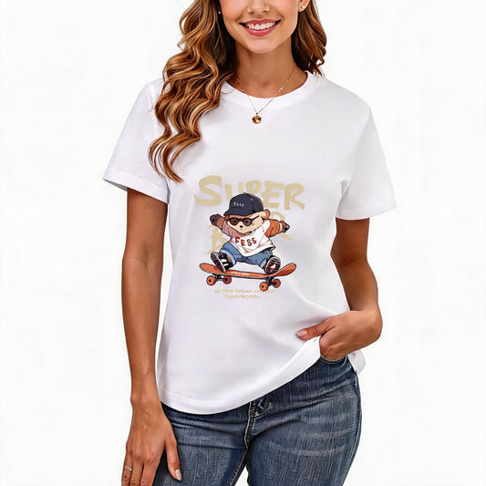 200GSM Women Premium Pure Cotton Graphic Print T Shirt Casual Crew Neck Short Sleeve Fashion Printed Ladies Daily Tops 095