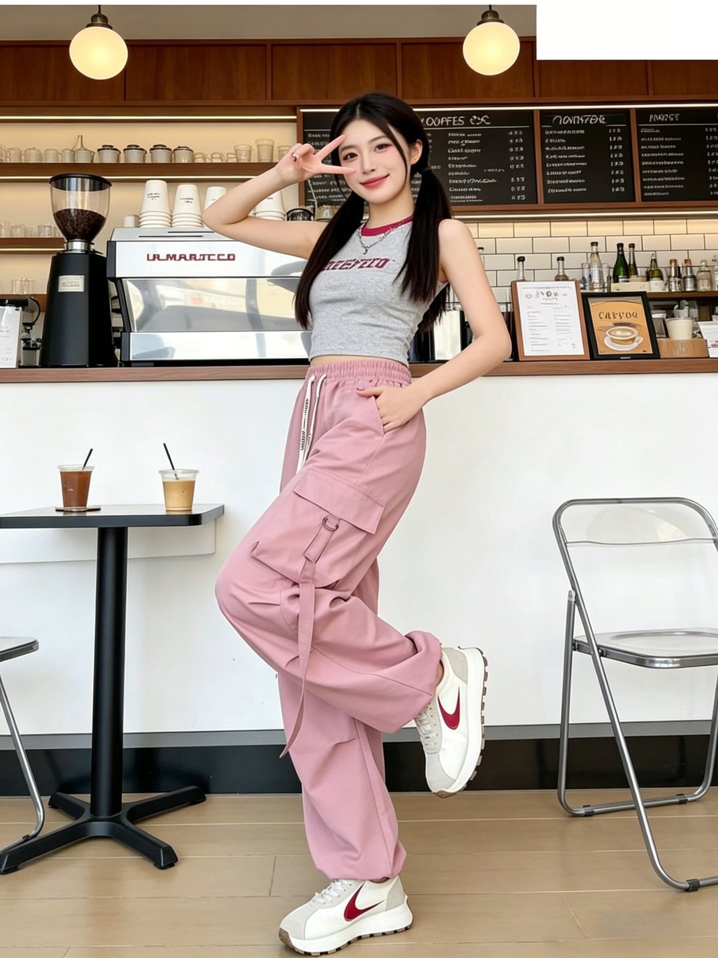 Women's Spring & Summer High-Waisted Cargo Pants, Quick-Dry Drawstring Wide Leg, Street Style Casual Loose Trousers