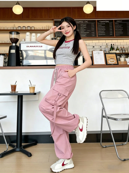 Women's Spring & Summer High-Waisted Cargo Pants, Quick-Dry Drawstring Wide Leg, Street Style Casual Loose Trousers