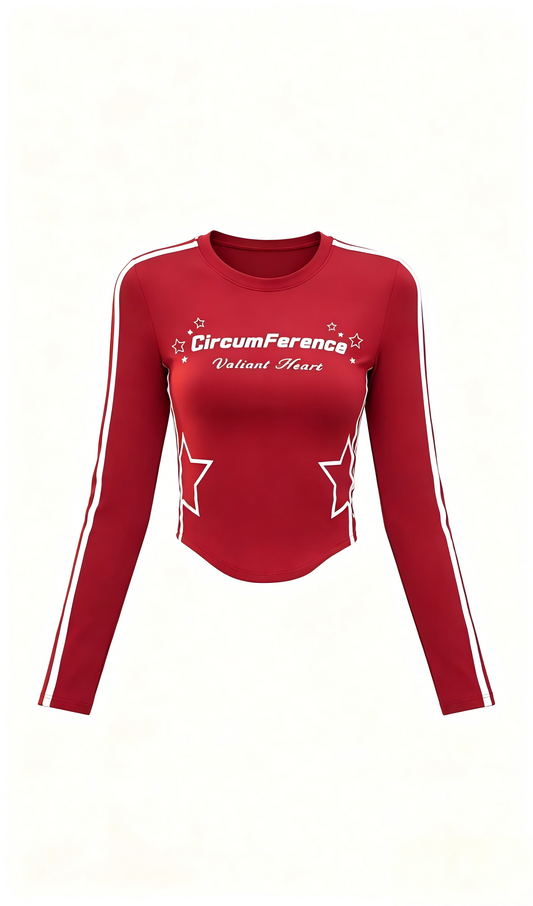 Ribbon Printed Crew Neck Sports T-shirt, American Retro Style Waist Slim Cloud Feel High Stretch Long Sleeve Top