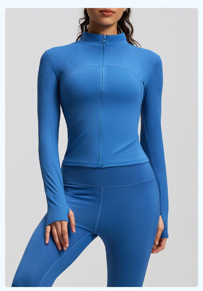 Women's New Striped Sports Jacket, Slim Fit Stand Collar, Outdoor Running Yoga Jacket