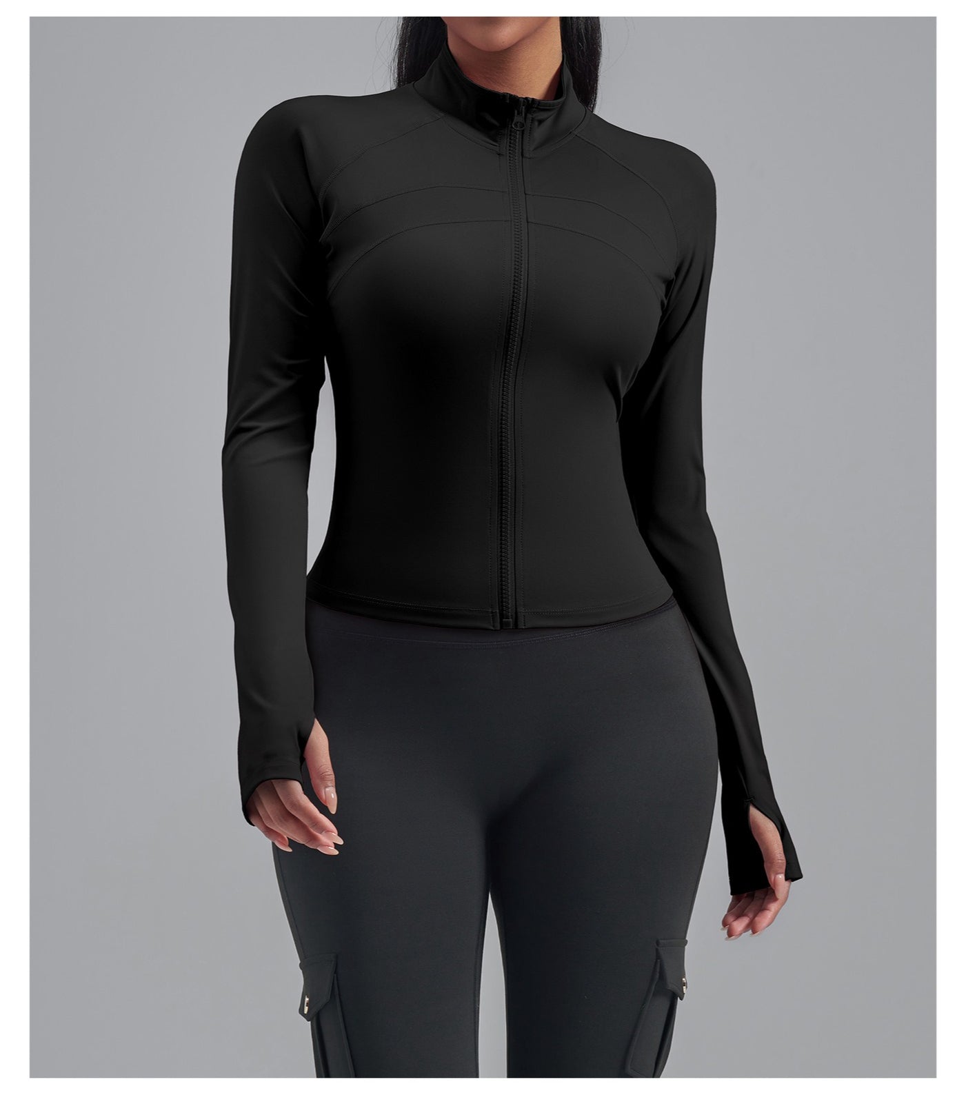 Plus Size Zip Up Sports Jacket, Stretch Slim Fit Yoga Top, Euro Size Figure-Flattering Long Sleeve Workout Coat for Women