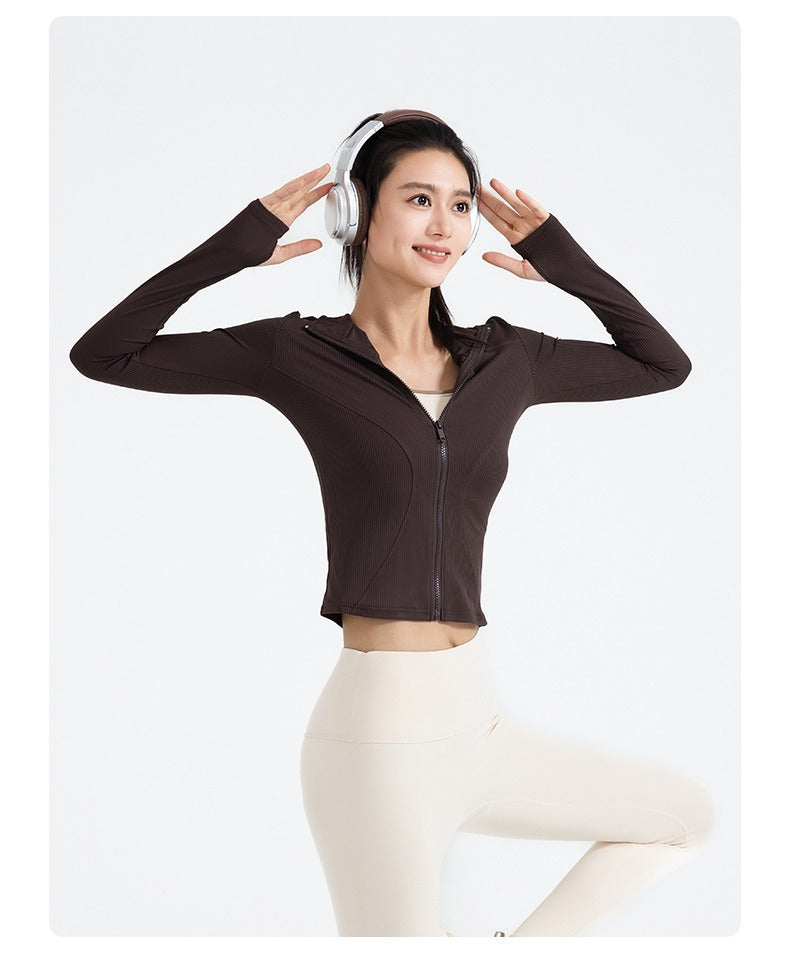 New Striped Yoga Jacket, Slim Fit Ribbed Long Sleeve, Lightweight Stretchy Sports Outerwear for Women
