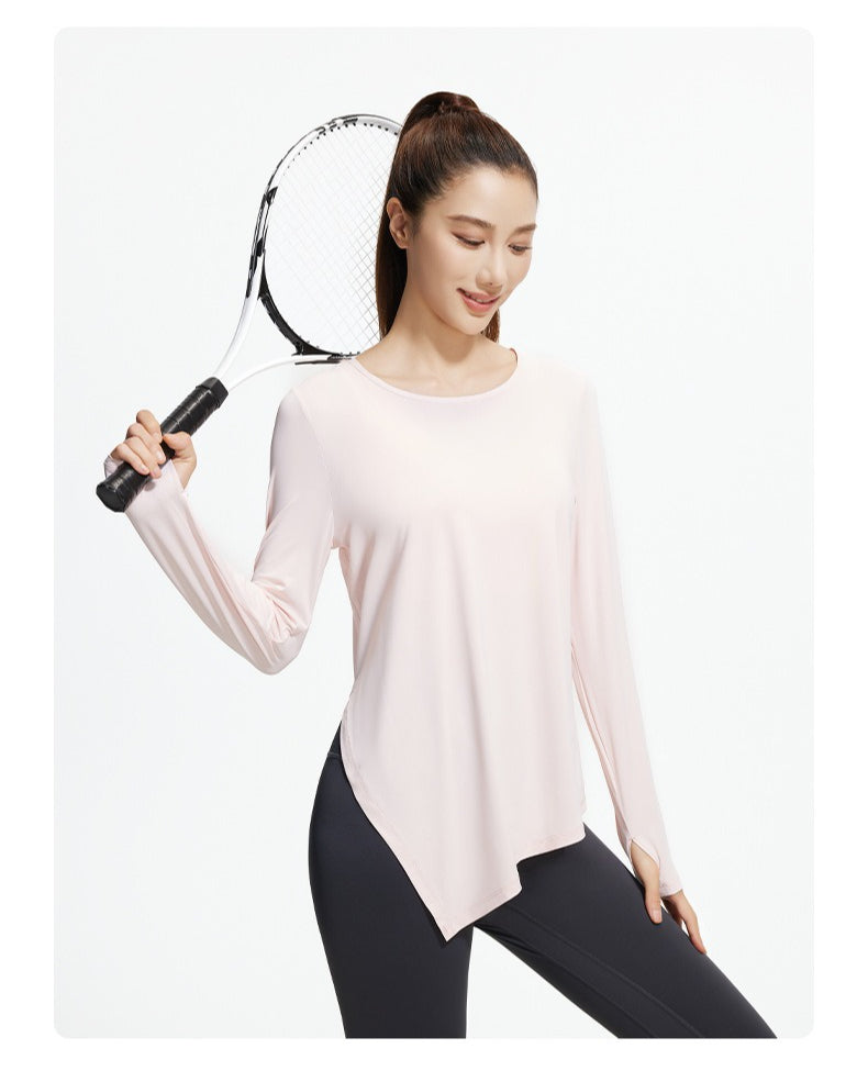 New Ice Silk Long Sleeve Yoga Top, Cool Breathable Loose Split Hem Yoga Cover Up Shirt