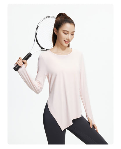 New Ice Silk Long Sleeve Yoga Top, Cool Breathable Loose Split Hem Yoga Cover Up Shirt