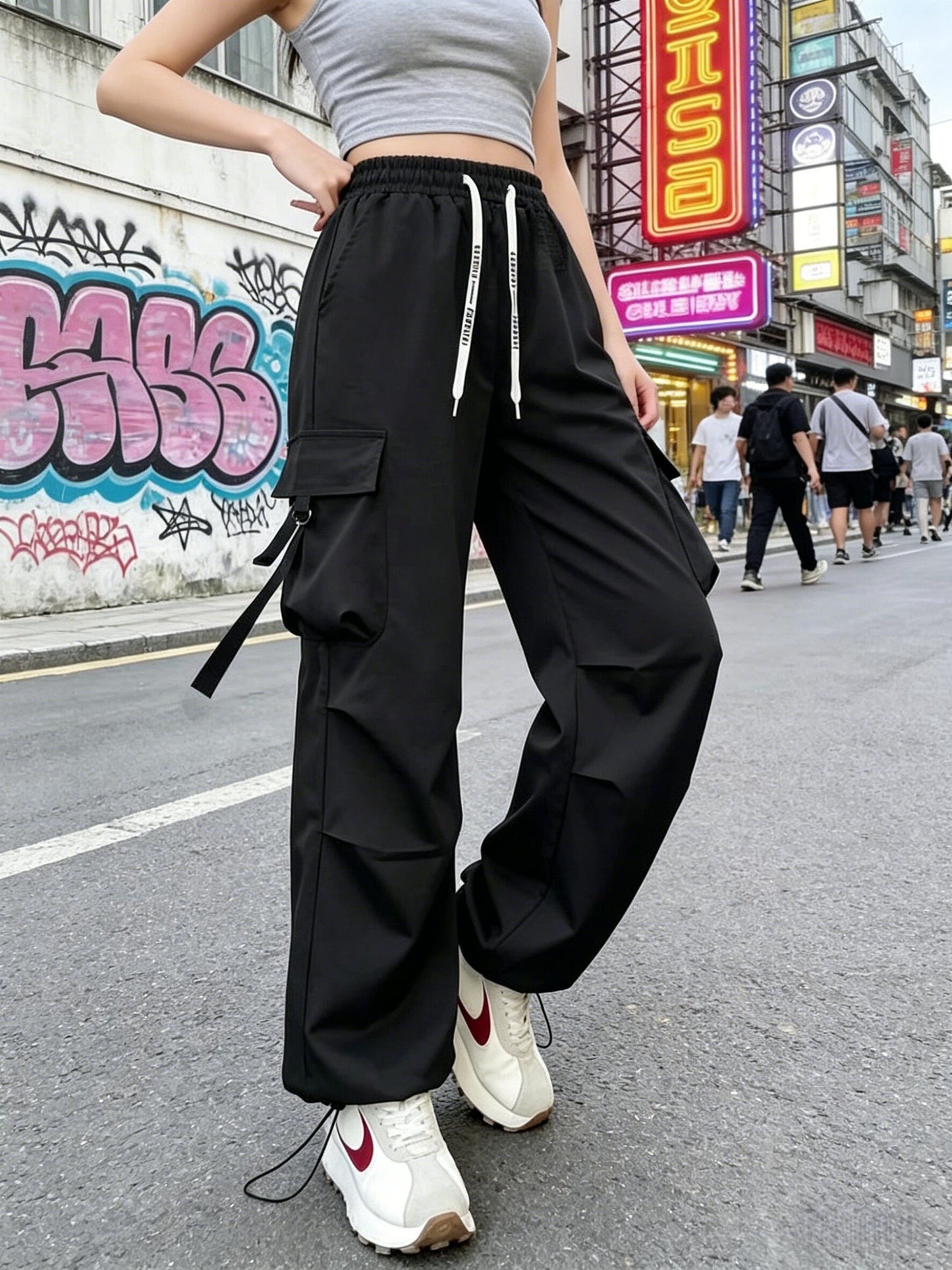 Women's Spring & Summer High-Waisted Cargo Pants, Quick-Dry Drawstring Wide Leg, Street Style Casual Loose Trousers