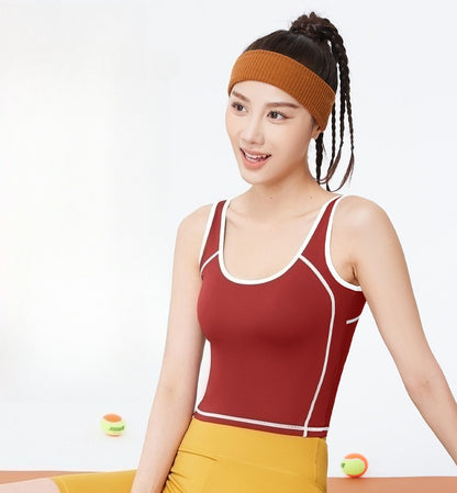 Peach Curve U-Neck Yoga Tank Top, High Stretch One-piece Fixed Cup Shockproof Push Up Color Block Sports Vest
