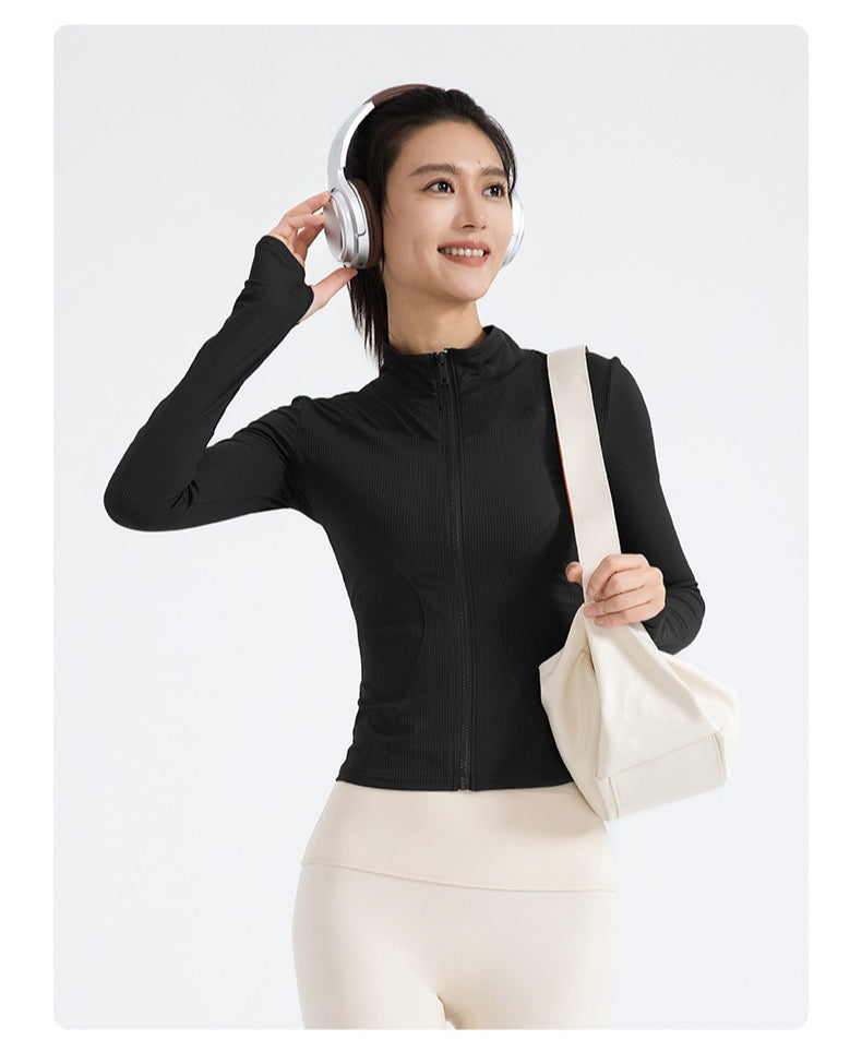 New Striped Yoga Jacket, Slim Fit Ribbed Long Sleeve, Lightweight Stretchy Sports Outerwear for Women