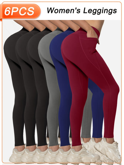 Women’s 6-Pack High Waist Leggings with Side Pockets, Athletic Sports Workout Activewear Pants Multipack