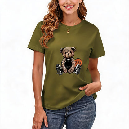 200GSM Women Premium Pure Cotton Graphic Print T Shirt Casual Crew Neck Short Sleeve Fashion Printed Ladies Daily Tops 102