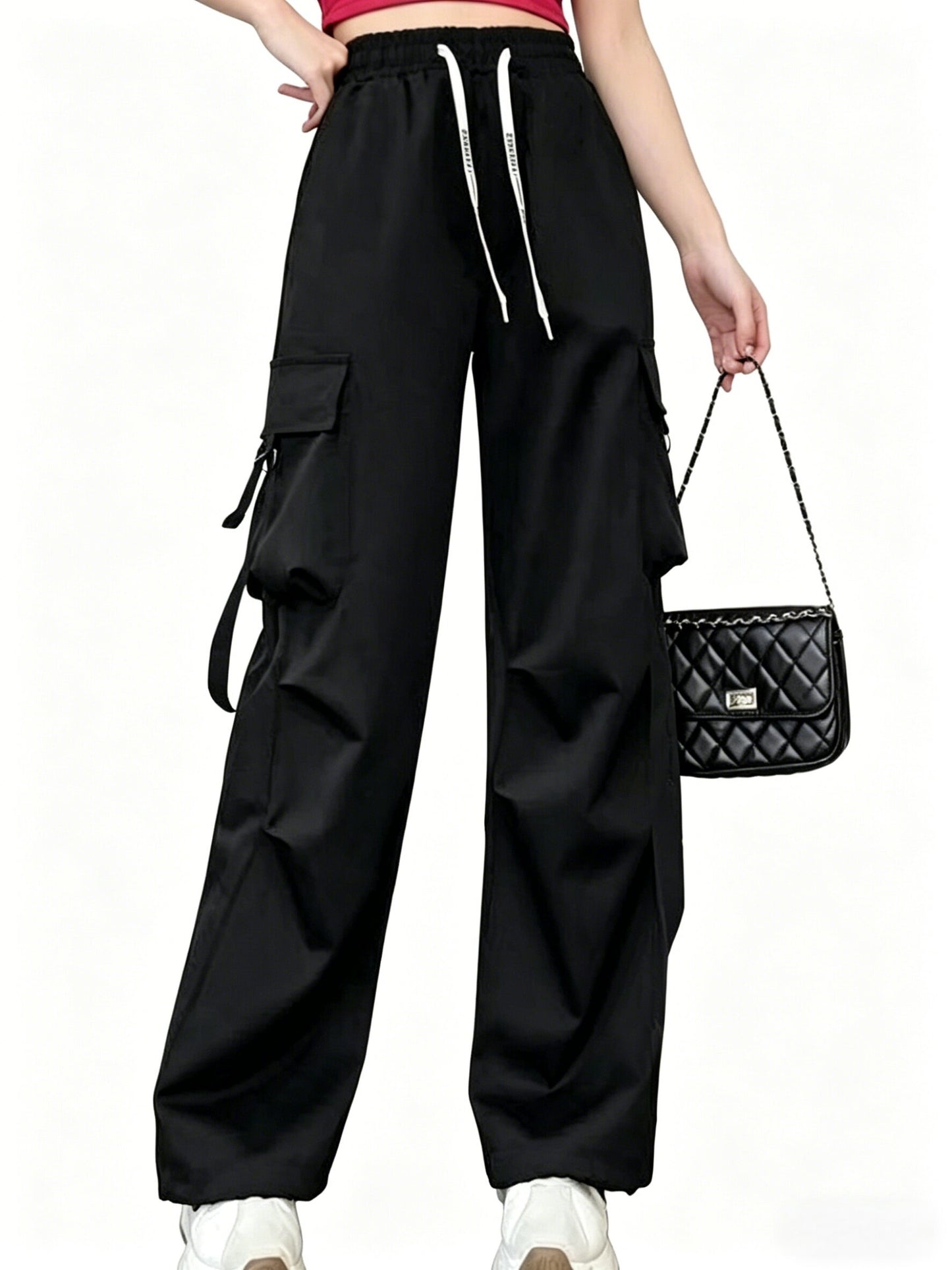 Women's Spring & Summer High-Waisted Cargo Pants, Quick-Dry Drawstring Wide Leg, Street Style Casual Loose Trousers
