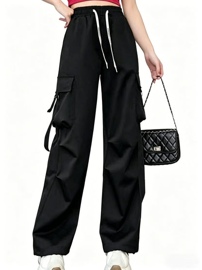 Women's Spring & Summer High-Waisted Cargo Pants, Quick-Dry Drawstring Wide Leg, Street Style Casual Loose Trousers
