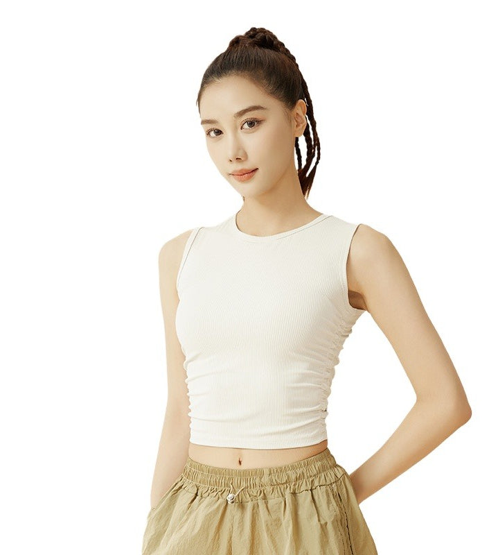 New Summer Ruched Sleeveless Sports Tank Top, Waist Shaping Slim Yoga Top for Women
