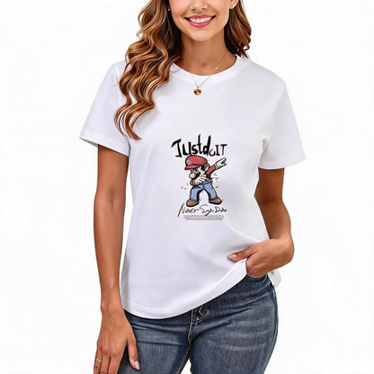200GSM Women Premium Pure Cotton Graphic Print T Shirt Casual Crew Neck Short Sleeve Fashion Printed Ladies Daily Tops 097