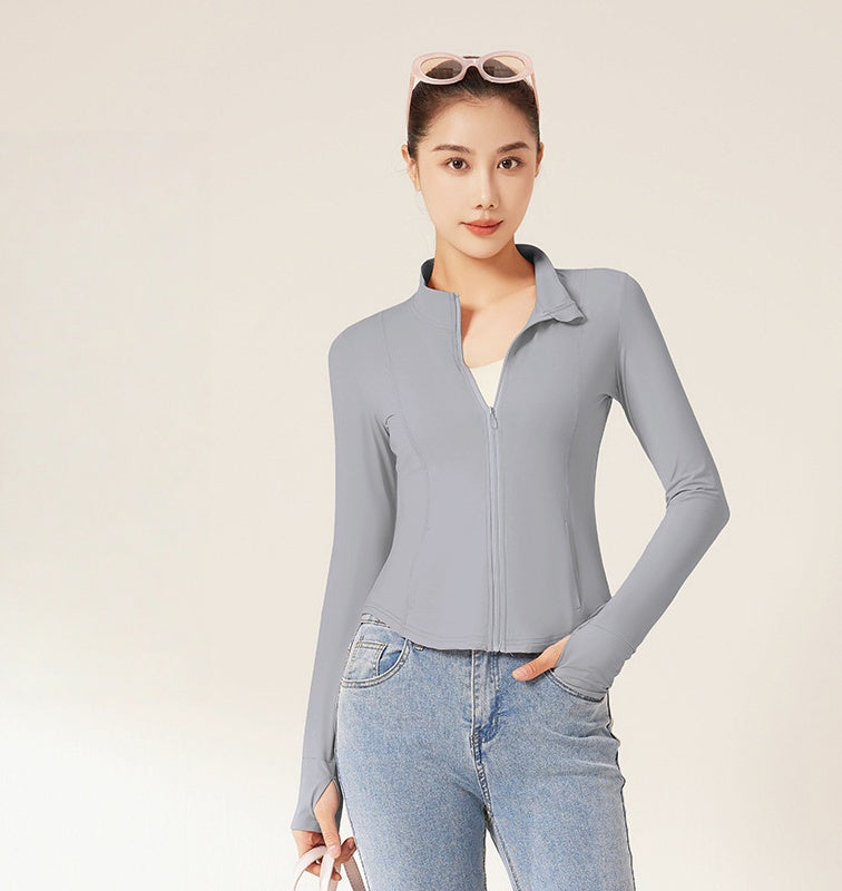 Women's Slim Stand Collar UV Protection Jacket, Summer Breathable Raw Yarn Sunscreen Top, Slim Fit No Hat Yoga Sports Coat