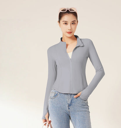 Women's Slim Stand Collar UV Protection Jacket, Summer Breathable Raw Yarn Sunscreen Top, Slim Fit No Hat Yoga Sports Coat