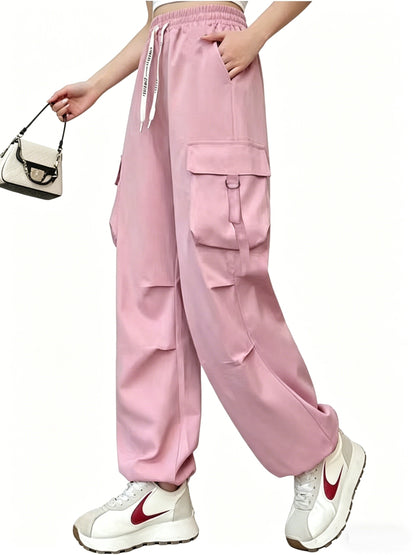 Women's Spring & Summer High-Waisted Cargo Pants, Quick-Dry Drawstring Wide Leg, Street Style Casual Loose Trousers