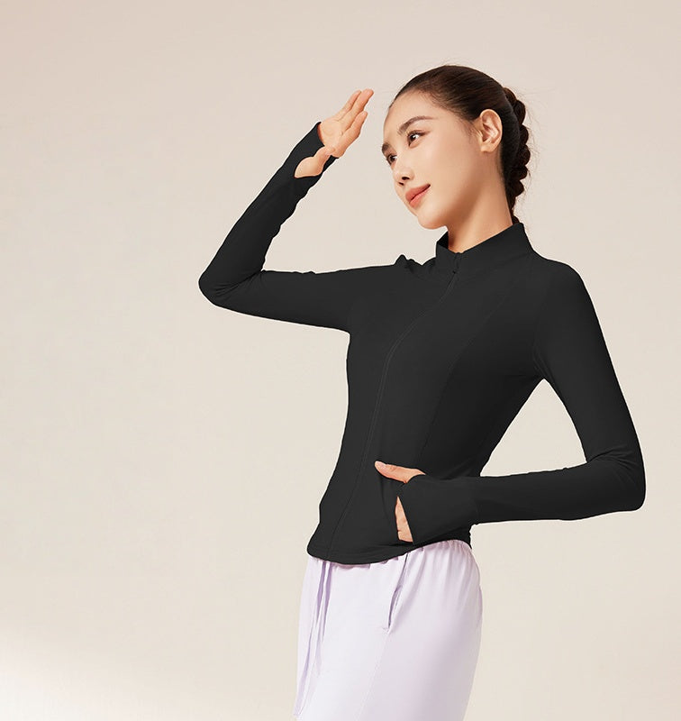 Women's Slim Stand Collar UV Protection Jacket, Summer Breathable Raw Yarn Sunscreen Top, Slim Fit No Hat Yoga Sports Coat