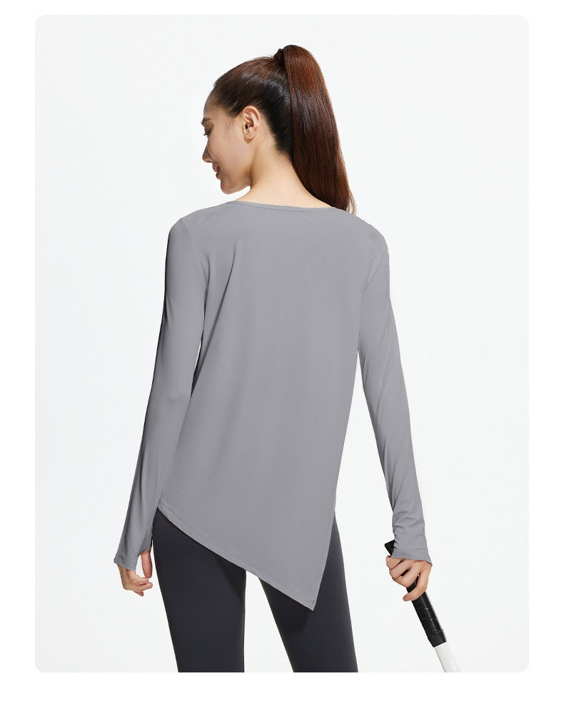New Ice Silk Long Sleeve Yoga Top, Cool Breathable Loose Split Hem Yoga Cover Up Shirt
