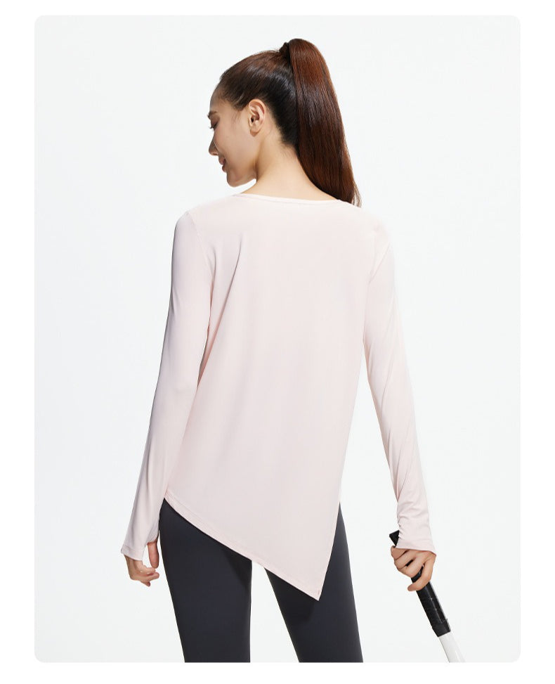 New Ice Silk Long Sleeve Yoga Top, Cool Breathable Loose Split Hem Yoga Cover Up Shirt