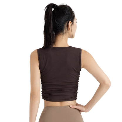 New Summer Ruched Sleeveless Sports Tank Top, Waist Shaping Slim Yoga Top for Women