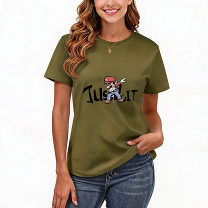 200GSM Women Premium Pure Cotton Graphic Print T Shirt Casual Crew Neck Short Sleeve Fashion Printed Ladies Daily Tops 096