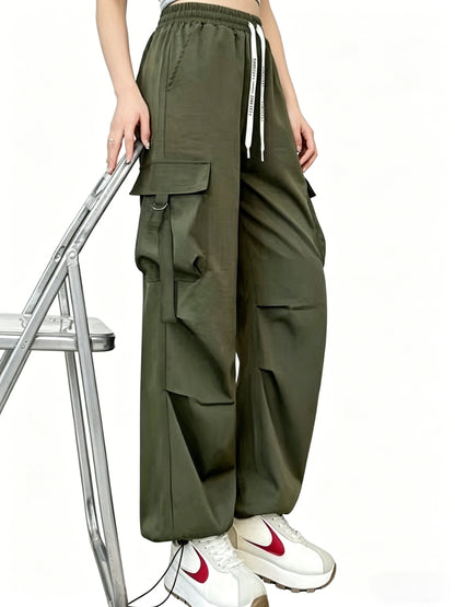 Women's Spring & Summer High-Waisted Cargo Pants, Quick-Dry Drawstring Wide Leg, Street Style Casual Loose Trousers