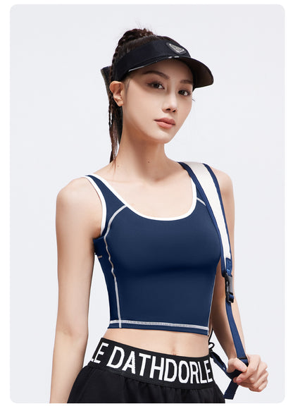 Peach Curve U-Neck Yoga Tank Top, High Stretch One-piece Fixed Cup Shockproof Push Up Color Block Sports Vest