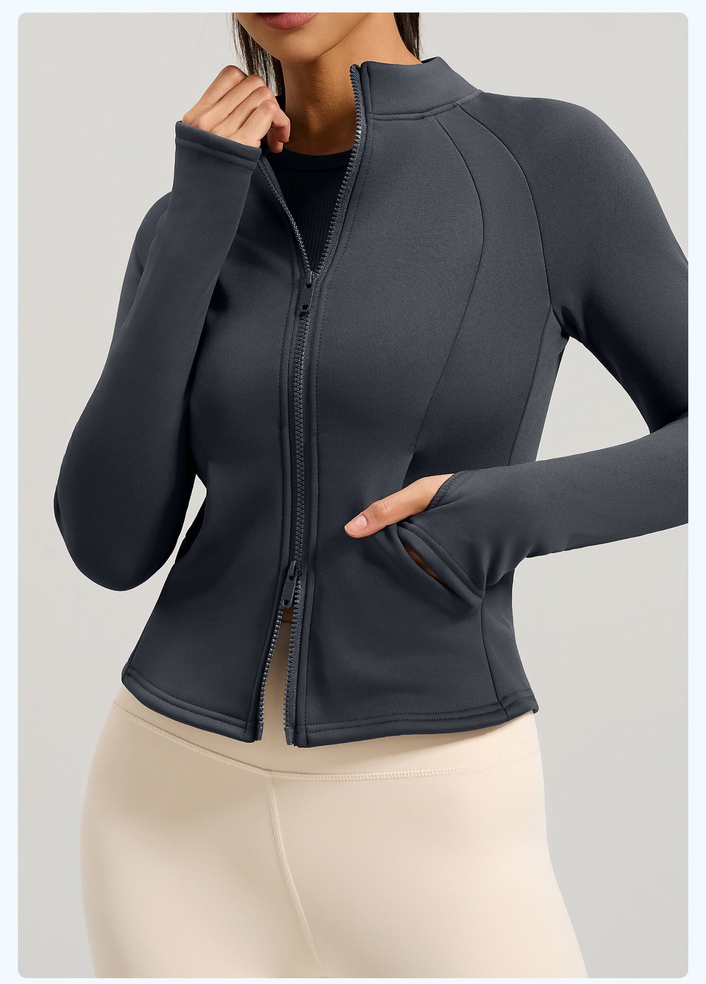 Peach Velvet Stand Collar Coat, Autumn Winter New Arrival, Fleece Lined Thickened Warm Yoga Jacket with Pockets