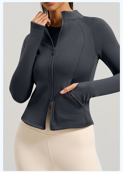 Peach Velvet Stand Collar Coat, Autumn Winter New Arrival, Fleece Lined Thickened Warm Yoga Jacket with Pockets