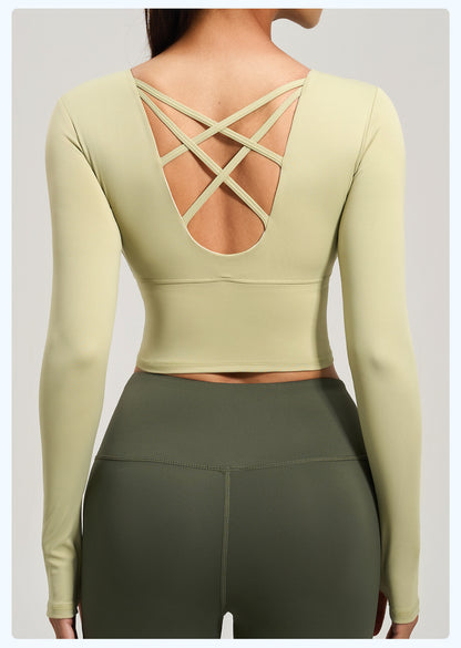 Women's Crisscross Beauty Back Long Sleeve Yoga Top, Built-in Bra, Slim Fit Sports Fitness Shirt