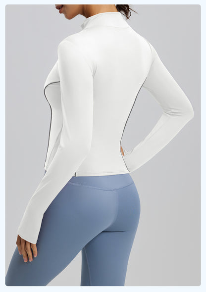 Women's Slim Fit Stand Collar Yoga Jacket, Peach Hip Design, Reflective Detail, Stylish Outdoor Fitness Coat