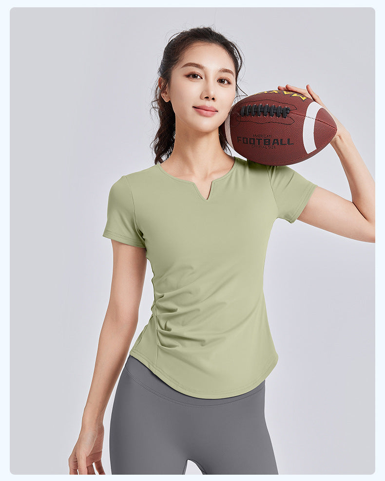 New Summer Women V-Neck Ruched Yoga Short Sleeve Top with Built-in Shelf Bra, Slim Fit Stretch Sports Fitness T-Shirt, Sweat-Wicking Athletic Tee for Running, Gym Training & Daily Active Wear