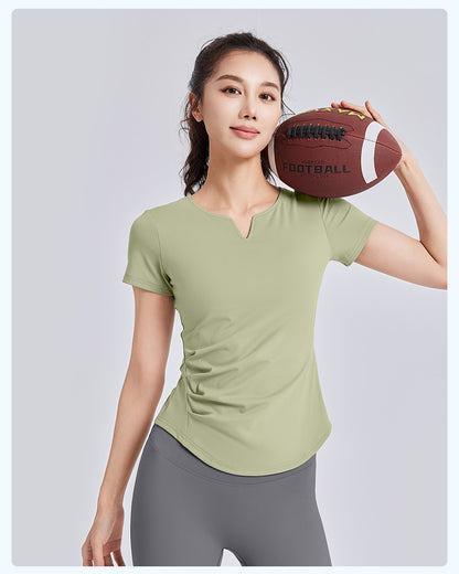 New Summer Women V-Neck Ruched Yoga Short Sleeve Top with Built-in Shelf Bra, Slim Fit Stretch Sports Fitness T-Shirt, Sweat-Wicking Athletic Tee for Running, Gym Training & Daily Active Wear
