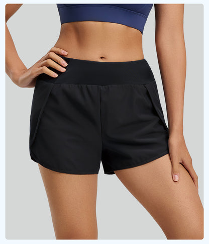 Women's Fake Two-Piece Sports Shorts, Breathable Anti-Exposure, Side Pockets, 3-Inch Running Fitness Yoga Shorts