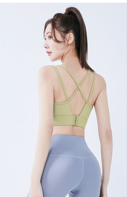 Women's V-Neck Padded Sports Bra Crisscross Back Adjustable Hook Closure Anti-Side Bulge Yoga Tank Top