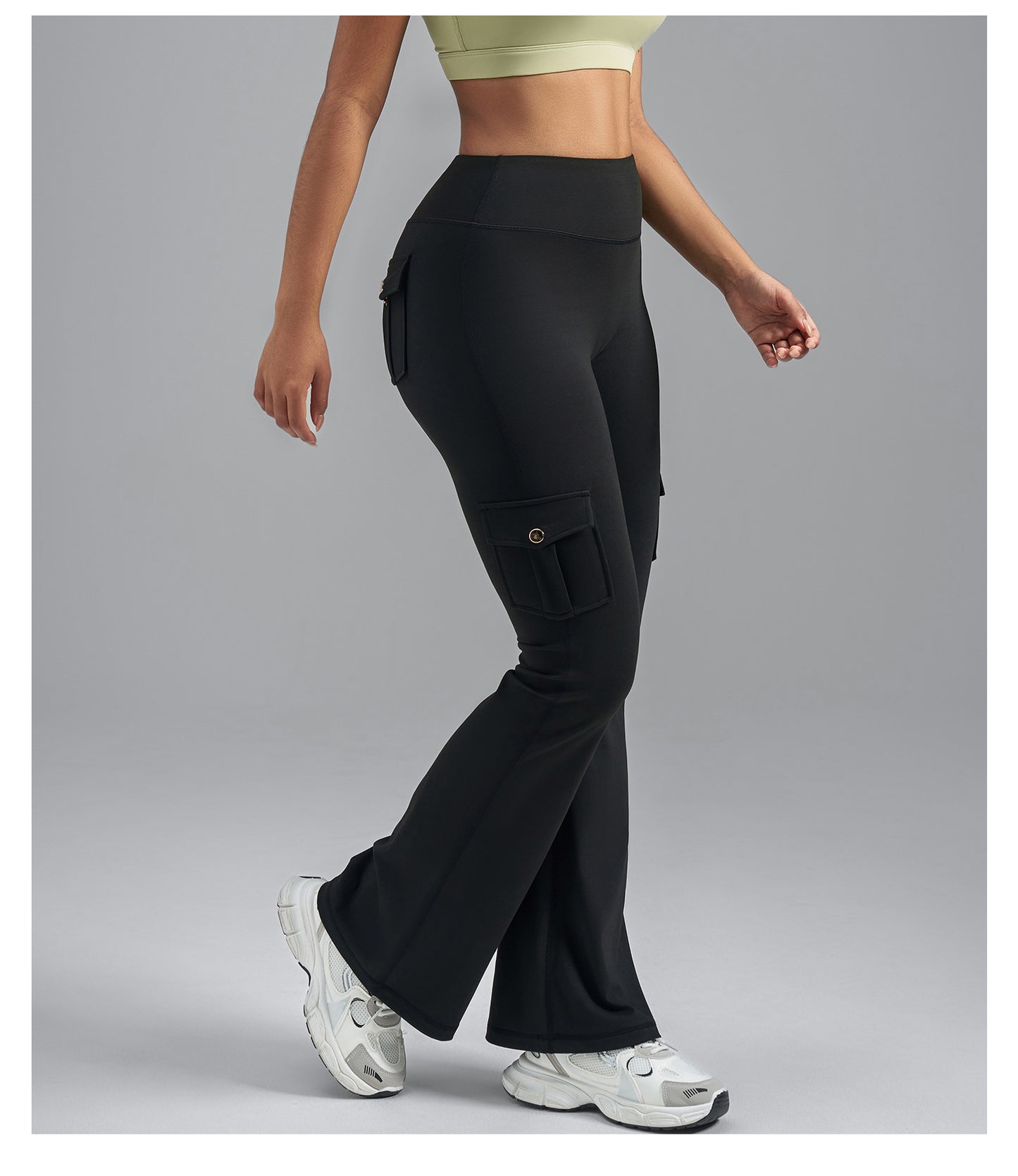 Single-Side Brushed Cargo Flare Yoga Pants, Breathable High Waist Butt Lifting Pocket Naked Feel Slim Fitness Leggings