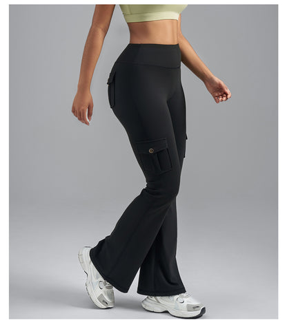Single-Side Brushed Cargo Flare Yoga Pants, Breathable High Waist Butt Lifting Pocket Naked Feel Slim Fitness Leggings