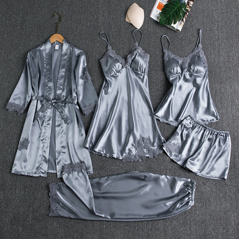 Girls' Battleship Spring/Summer sleepwear, Women's Sensual Five-Piece Silk Thin Nightgown with Padded Bra