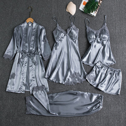 Girls' Battleship Spring/Summer sleepwear, Women's Sensual Five-Piece Silk Thin Nightgown with Padded Bra