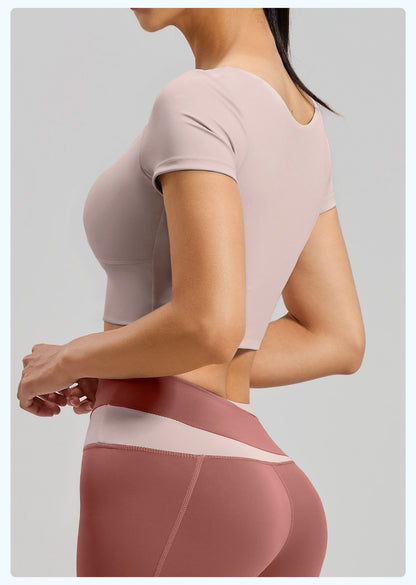 Women's Color Block Yoga Short Sleeve, Slim Fit Workout Top with Built-in Bra