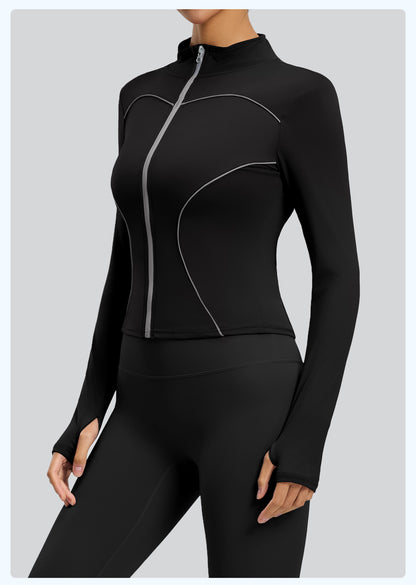 Women's Slim Fit Stand Collar Yoga Jacket, Peach Hip Design, Reflective Detail, Stylish Outdoor Fitness Coat