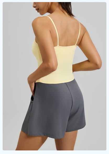 Women’s Waist Cinched Ruched Yoga Tank Top, Integrated Fixed Cup Camisole Bra with Compression Contour Fit for Daily Fitness Training