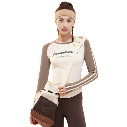 Women's Retro Crew Neck Long Sleeve Yoga Shirt, Letter Print Color Block Ribbon, High Stretch Slim Fit Top