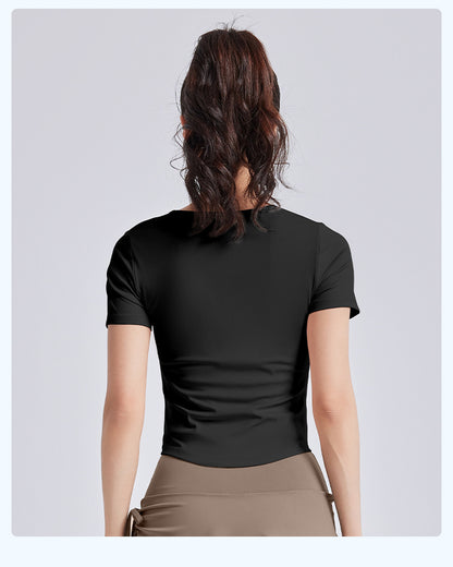 Women's Slimming Ruched Yoga Short Sleeve – Built-in One-Piece Cup Bra Pad, Summer Workout Fitness Top