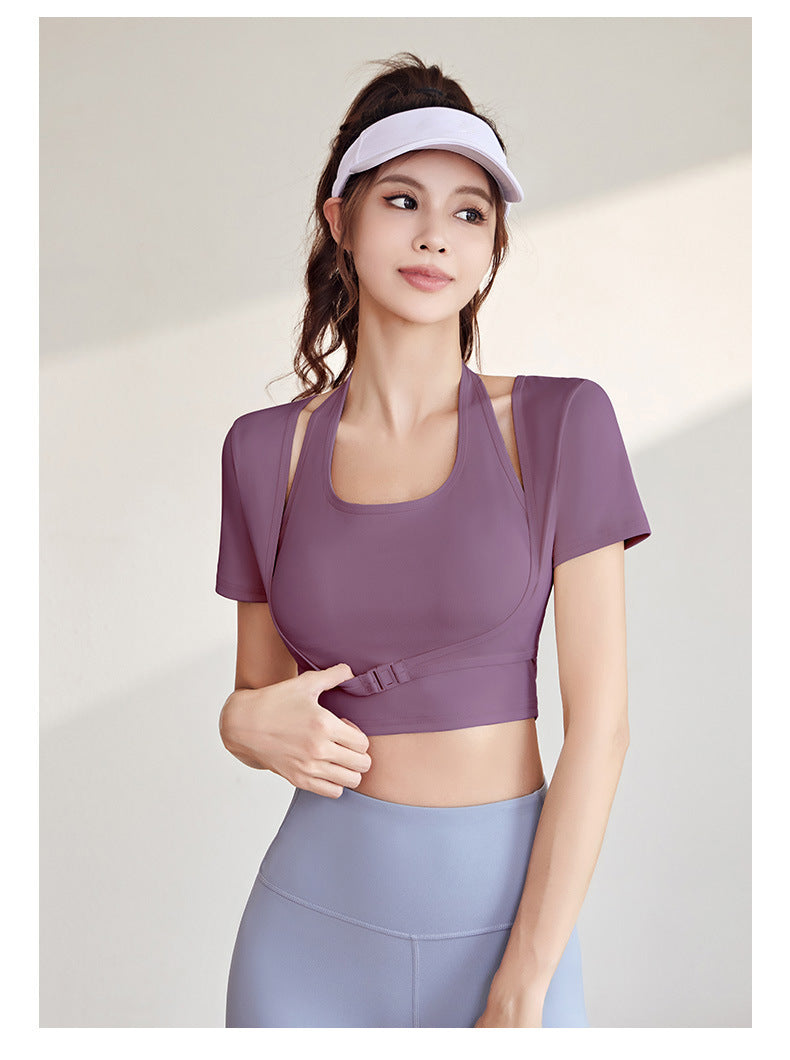 Women's Halter Neck Yoga Short Sleeve – Built-in Bra, Slim Fit Sports Top for Workout & Fitness